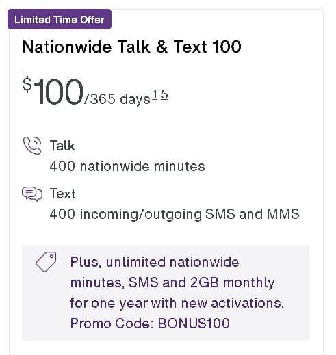 Telus 선불 요금제 프로모션 – 1년간 무제한 통화·문자 + 월 2GB 데이터 ($100/년)
