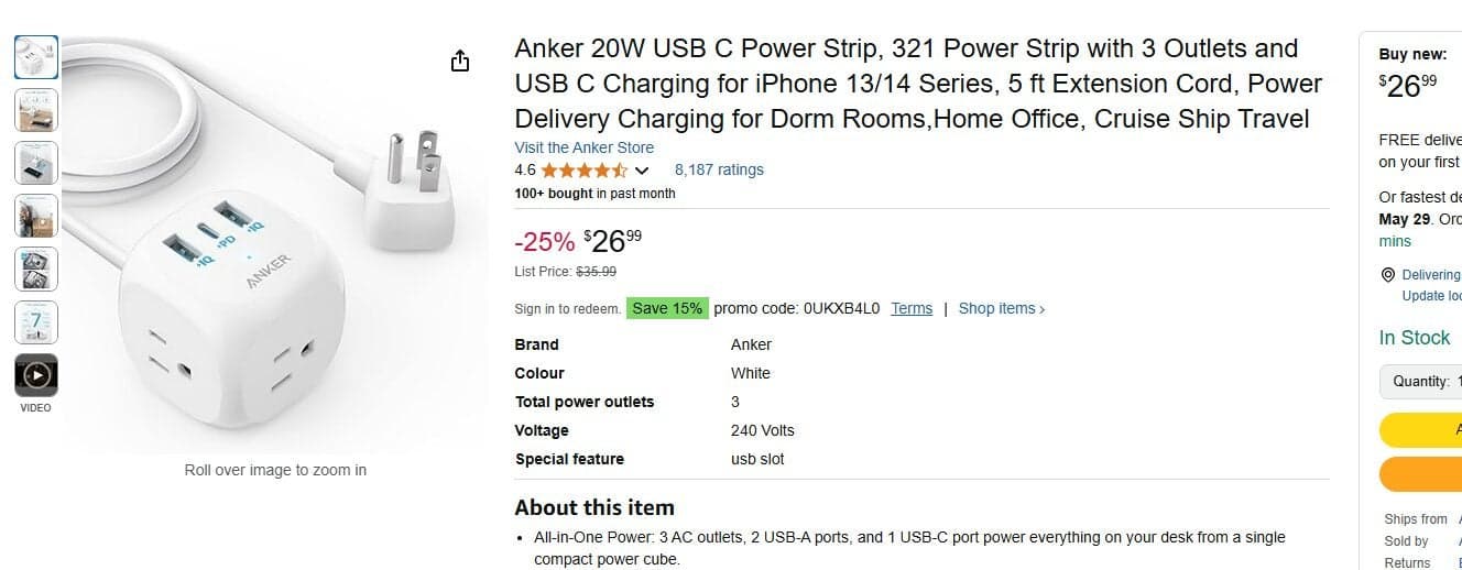 Anker 321 USB-C 파워 스트립 – 3구 멀티탭 + USB-C 고속충전, 5ft 연장선 포함