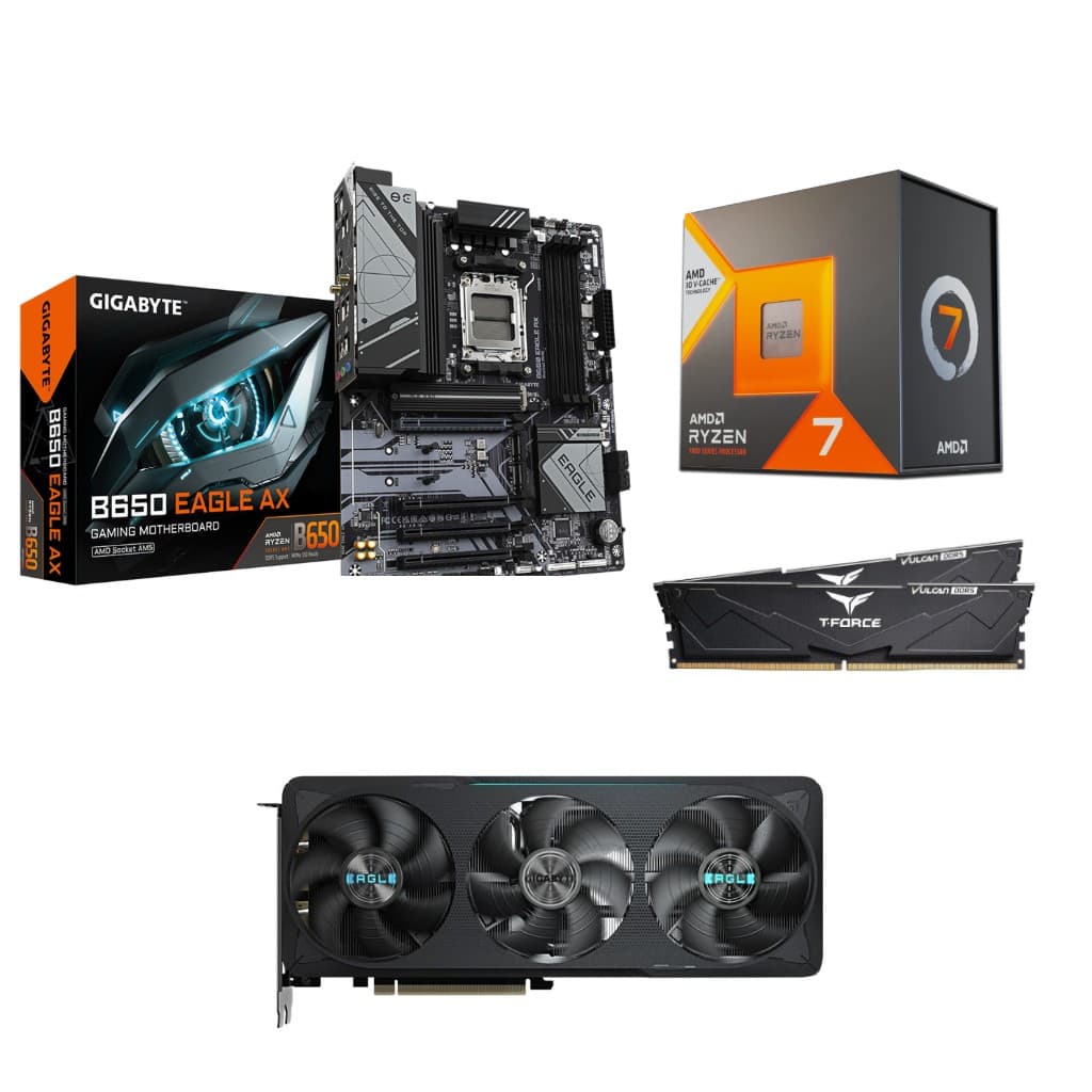 AMD R7 7800X3D + GIGABYTE B650 EAGLE AX WiFi 메인보드 + T-Force DDR5 32GB 6000MHz CL30 RAM + RTX 5070 EAGLE 그래픽카드 구성